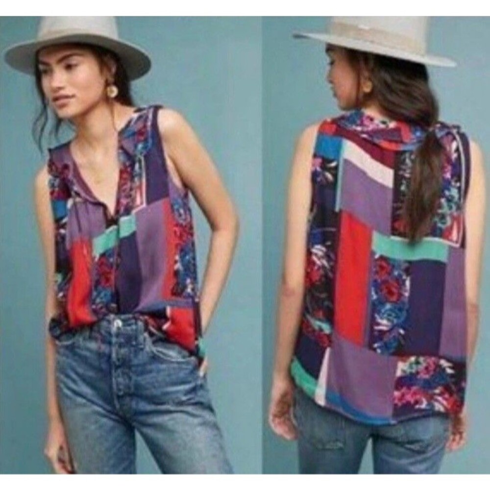 Anthropologie Chiffon Patchwork Multi Floral Sleeveless Blouse Top Tie Neck Sz M